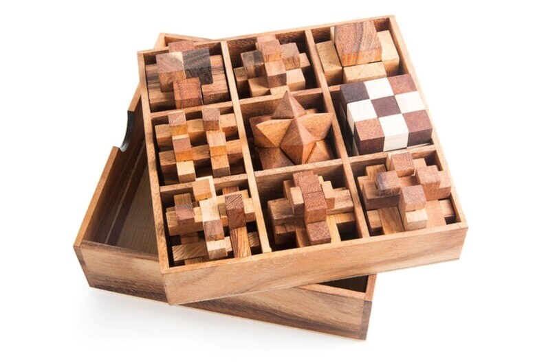 Handcrafted Wooden Brain Teaser Puzzle Set - 9 pcs