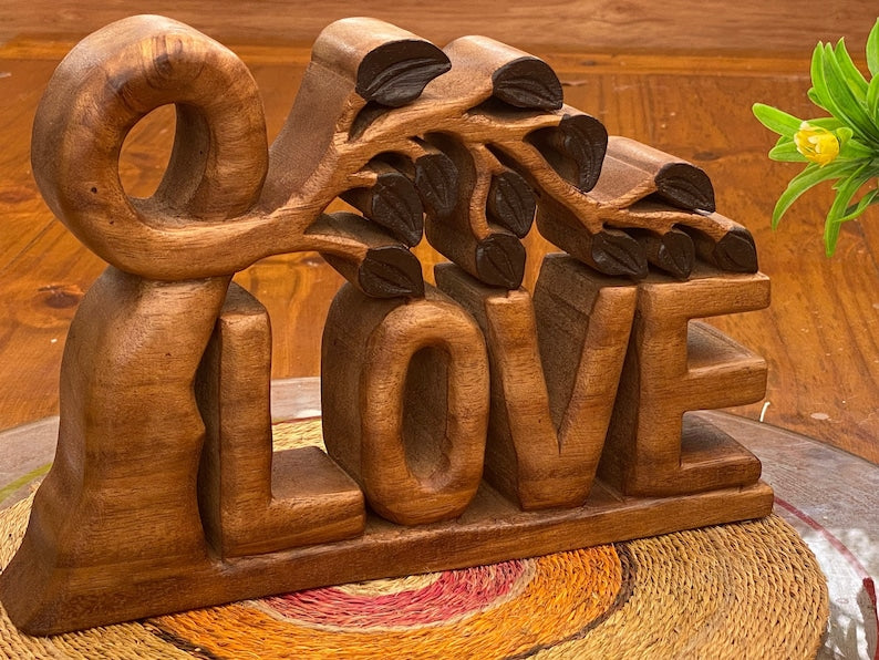 Hand-Carved Wooden LOVE Decoration, Self-Standing, 33 cm