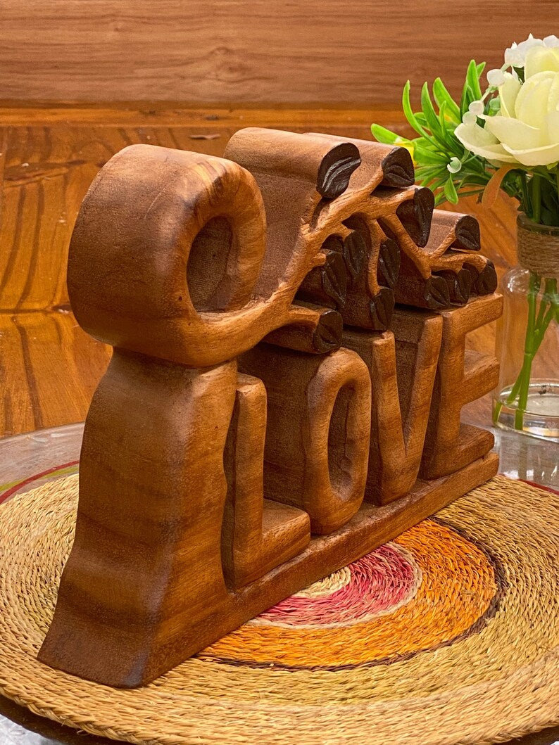 Hand-Carved Wooden LOVE Decoration, Self-Standing, 33 cm