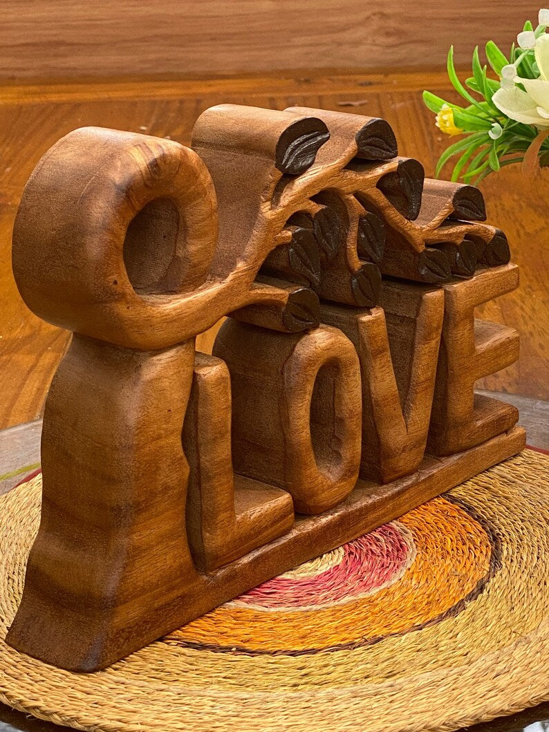 Hand-Carved Wooden LOVE Decoration, Self-Standing, 33 cm