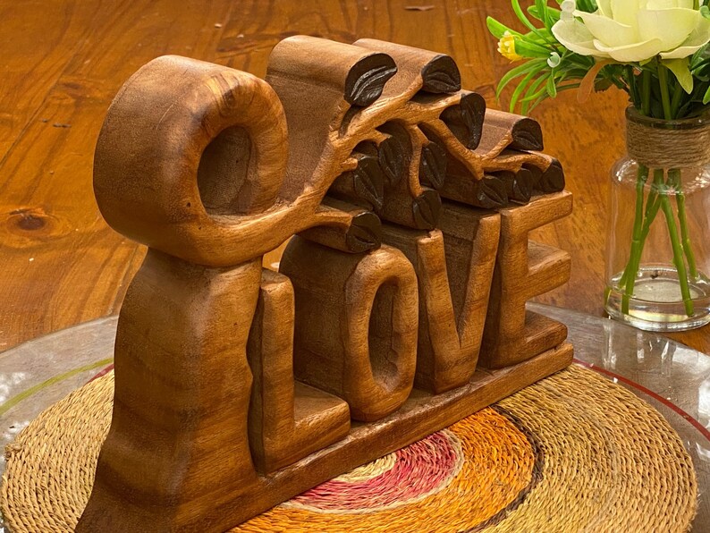 Hand-Carved Wooden LOVE Decoration, Self-Standing, 33 cm