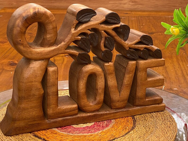 Hand-Carved Wooden LOVE Decoration, Self-Standing, 33 cm