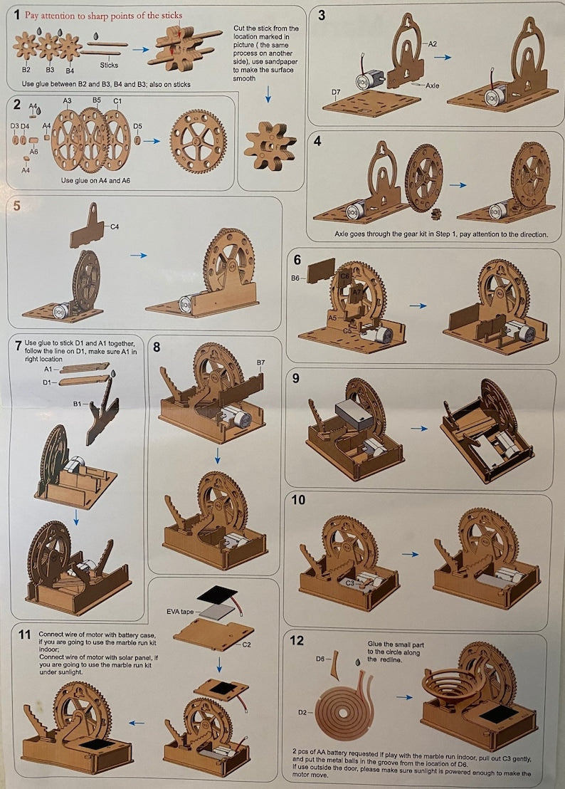 Solar-Powered Wooden Marble Run 3D Puzzle Kit (15x10.5x12 cm)