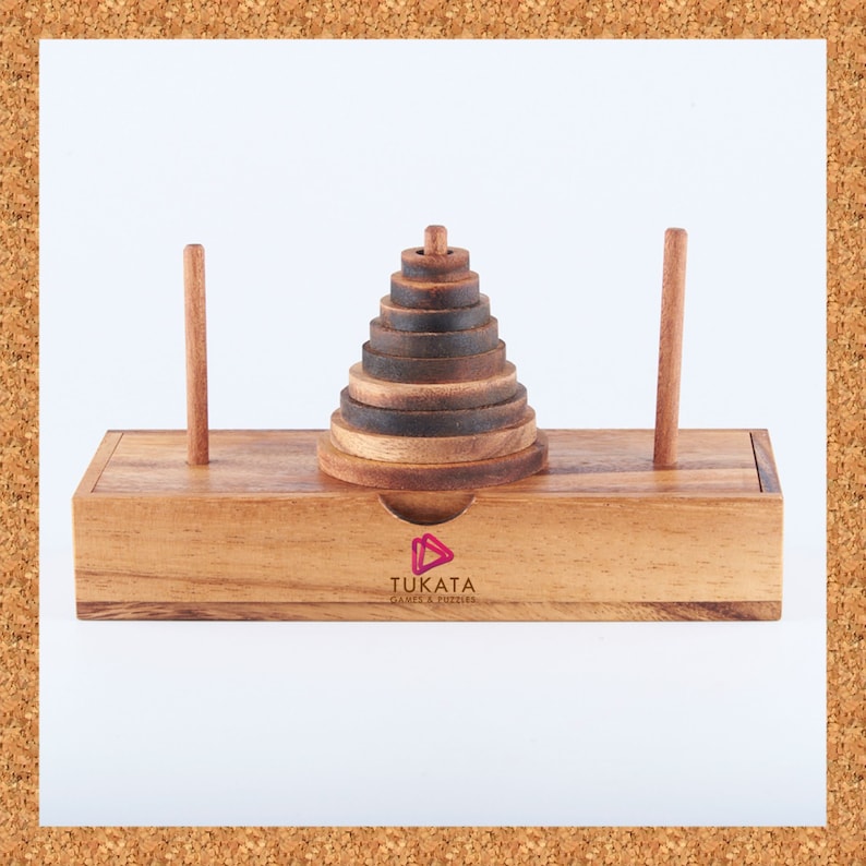 Handmade Wooden Pagoda 9 Ring Brain Teaser Puzzle, Level 4