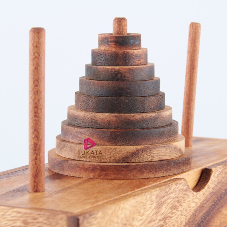 Handmade Wooden Pagoda 9 Ring Brain Teaser Puzzle, Level 4