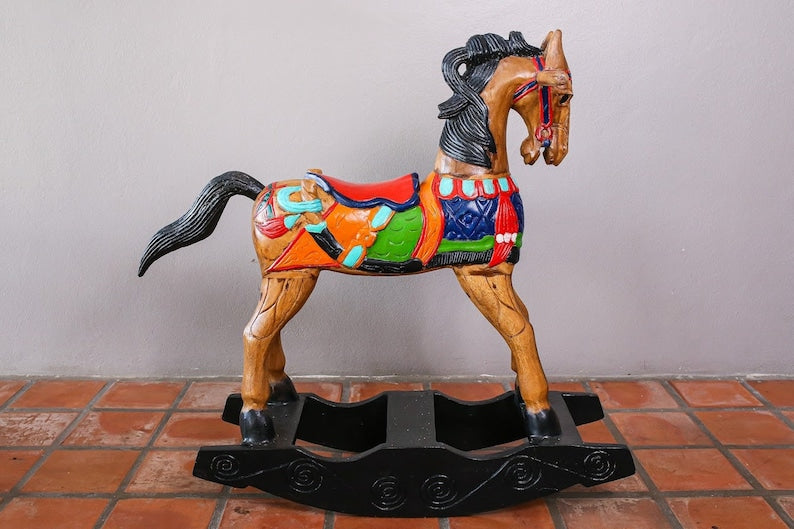 Hand-Painted Solid Wood Rocking Horse - Hand Carved, 3 Available