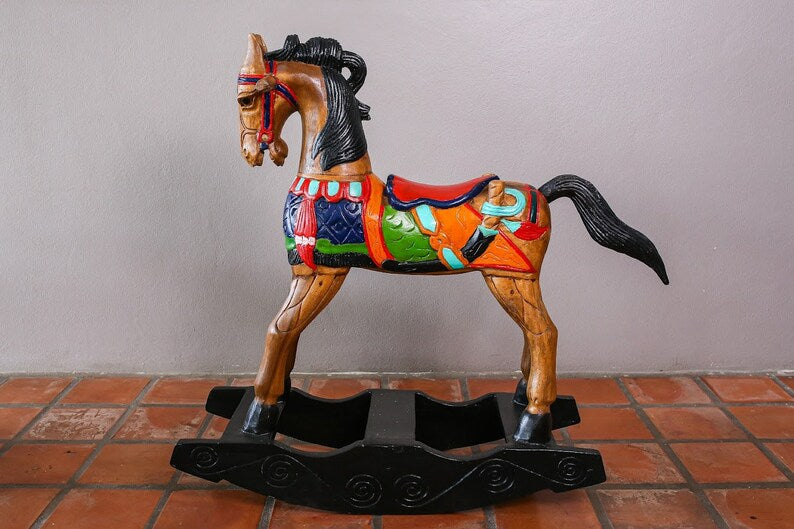 Hand-Painted Solid Wood Rocking Horse - Hand Carved, 3 Available