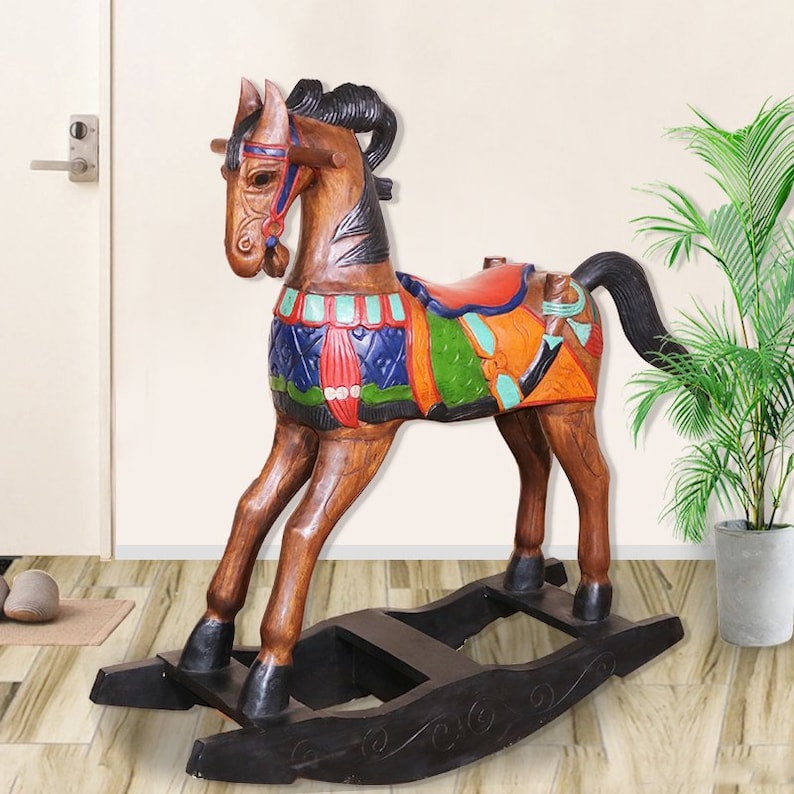 Hand-Painted Solid Wood Rocking Horse - Hand Carved, 3 Available