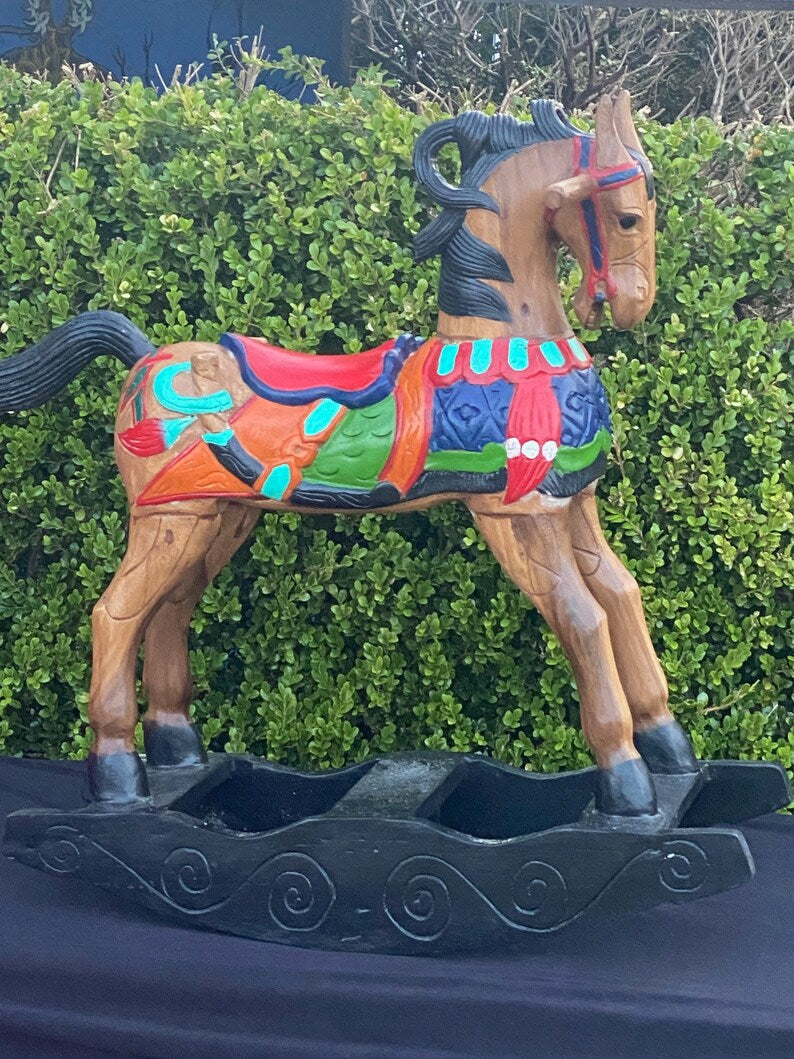 Hand-Painted Solid Wood Rocking Horse - Hand Carved, 3 Available