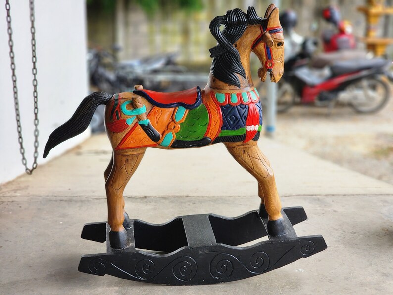 Hand-Painted Solid Wood Rocking Horse - Hand Carved, 3 Available