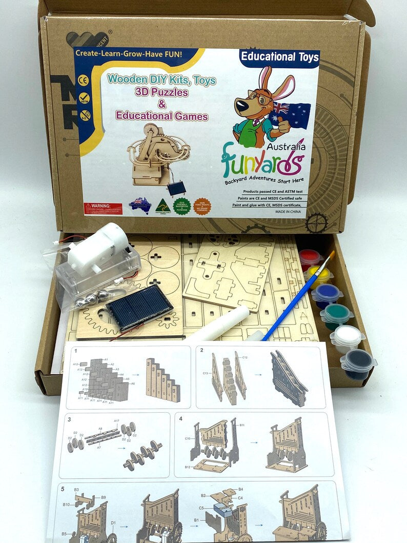 Solar-Powered 3D Marble Run Puzzle, DIY Wooden Kit