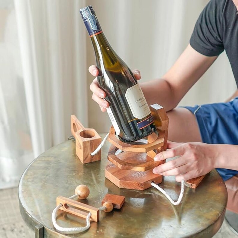 Wooden Wine & Beer Bottle Lock Puzzle - Party Fun