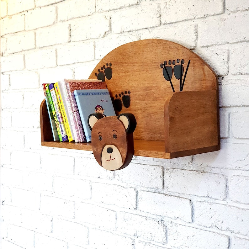 Hand-Carved Wooden Wall Shelf for Kids, Bear Theme, Ready to Use