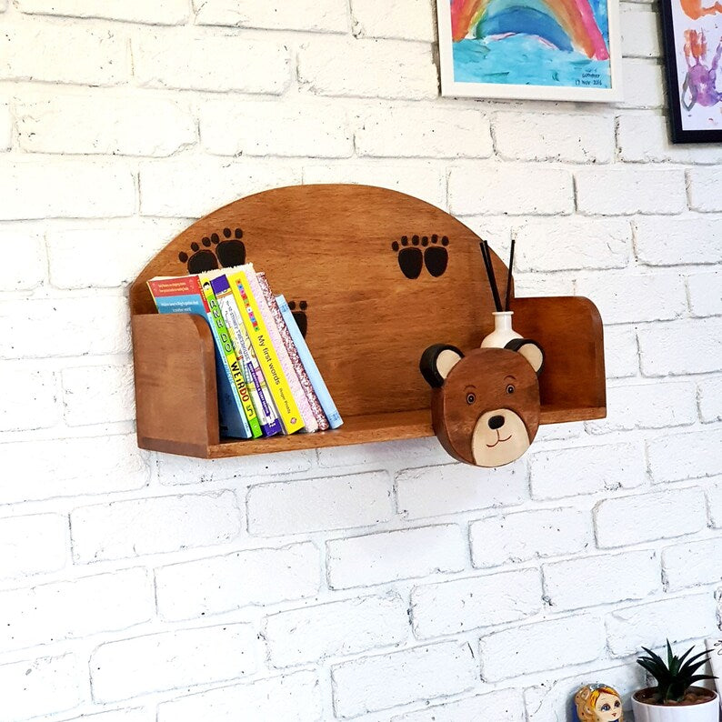 Hand-Carved Wooden Wall Shelf for Kids, Bear Theme, Ready to Use