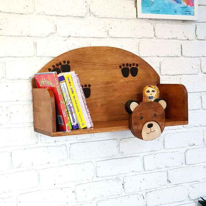 Hand-Carved Wooden Wall Shelf for Kids, Bear Theme, Ready to Use