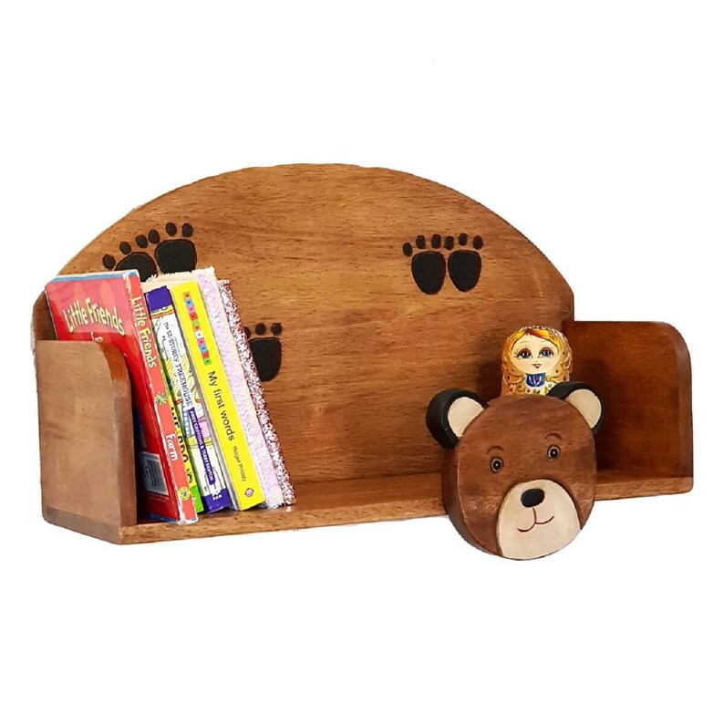 Hand-Carved Wooden Wall Shelf for Kids, Bear Theme, Ready to Use