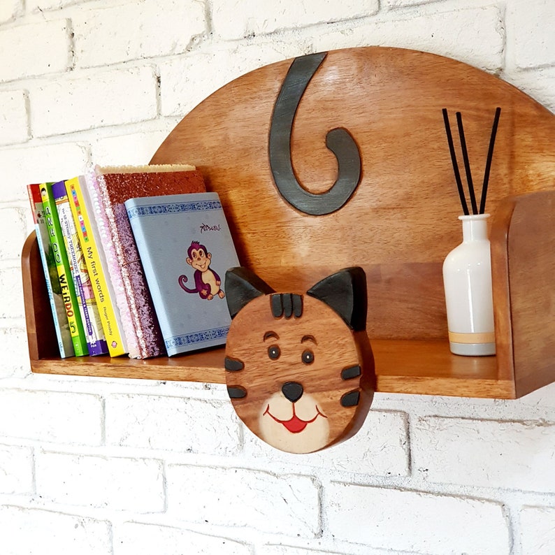 Hand-Carved Wooden Cat Wall Shelf for Kids Room