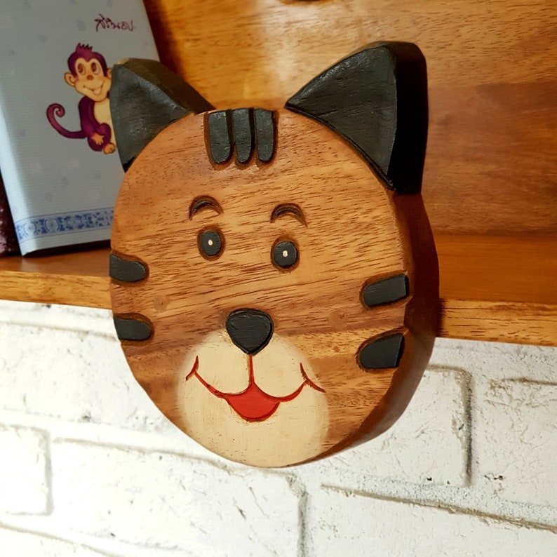 Hand-Carved Wooden Cat Wall Shelf for Kids Room