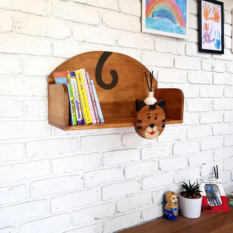 Hand-Carved Wooden Cat Wall Shelf for Kids Room