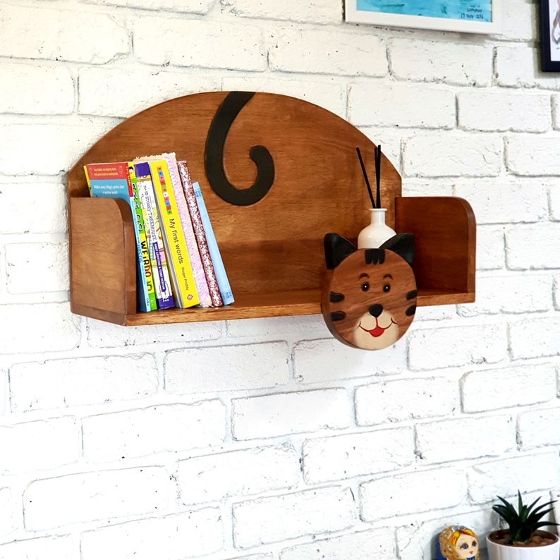 Hand-Carved Wooden Cat Wall Shelf for Kids Room