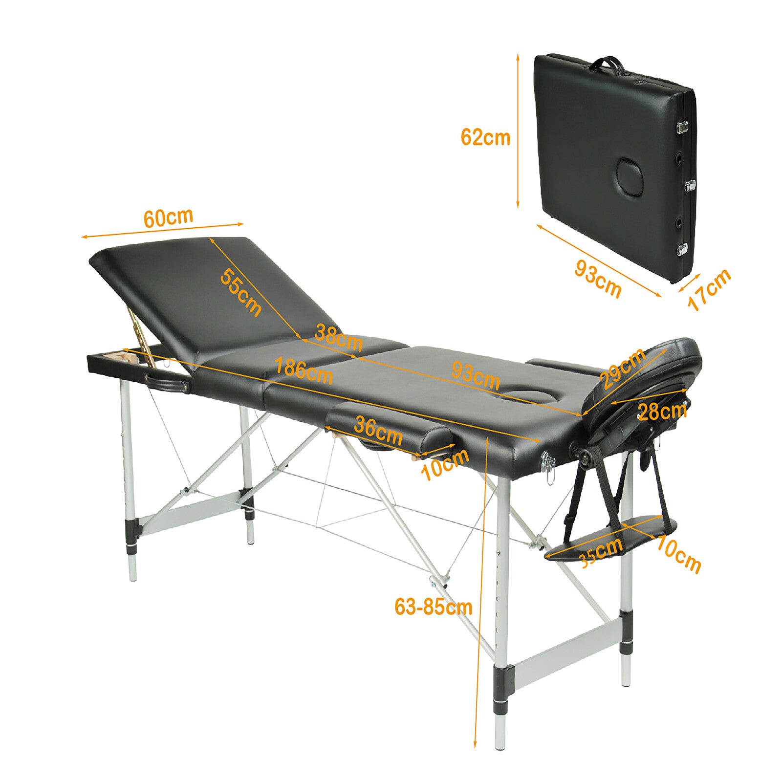 Adjustable Aluminium Portable Massage Table, Black - YES4HOMES