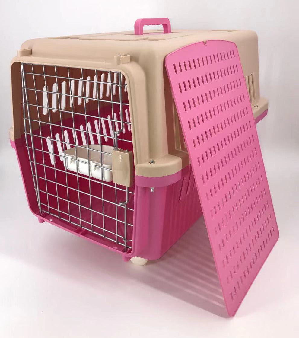 Lightweight Pink Dog Cat Carrier Cage with Tray & Wheels