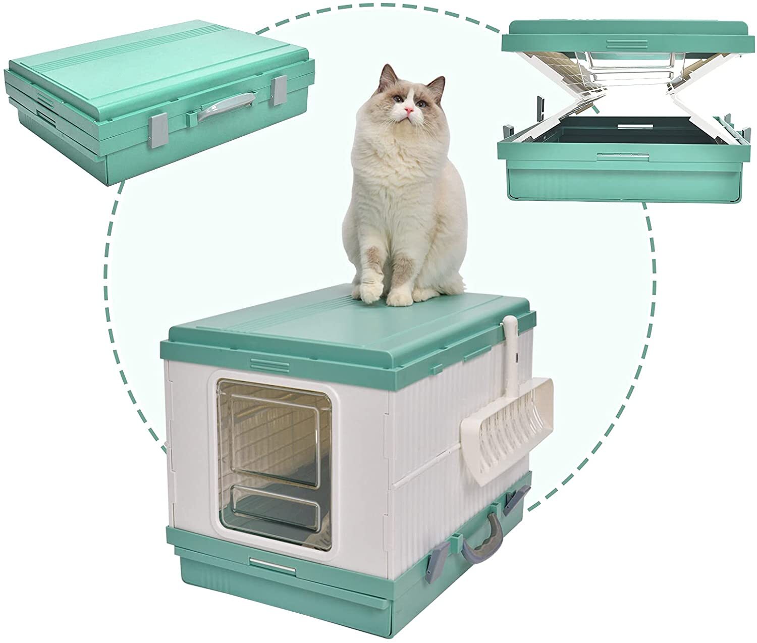 XL Foldable Hooded Cat Litter Box Tray with Scoop - Green YES4PETS