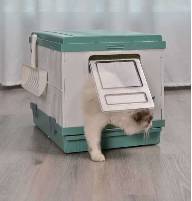 XL Foldable Hooded Cat Litter Box Tray with Scoop - Green YES4PETS