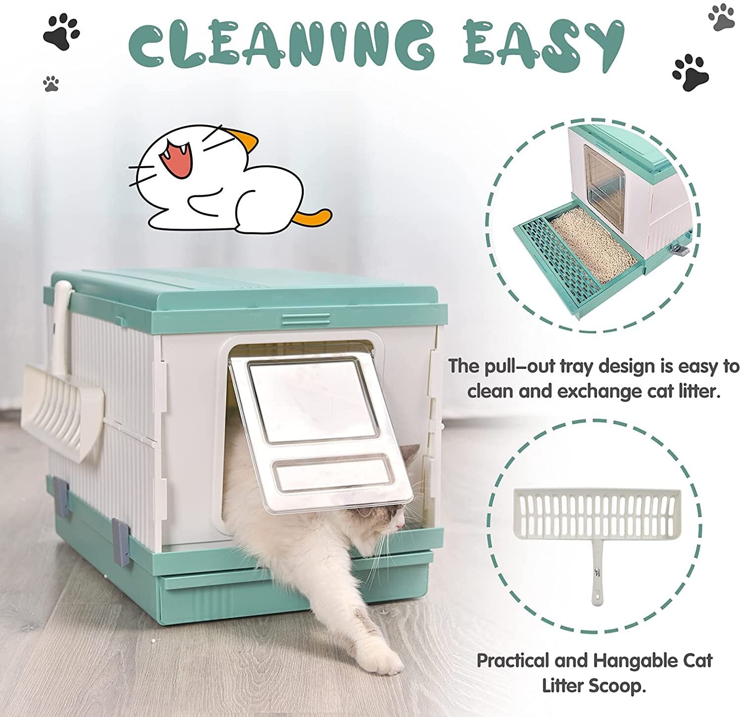 XL Foldable Hooded Cat Litter Box Tray with Scoop - Green YES4PETS