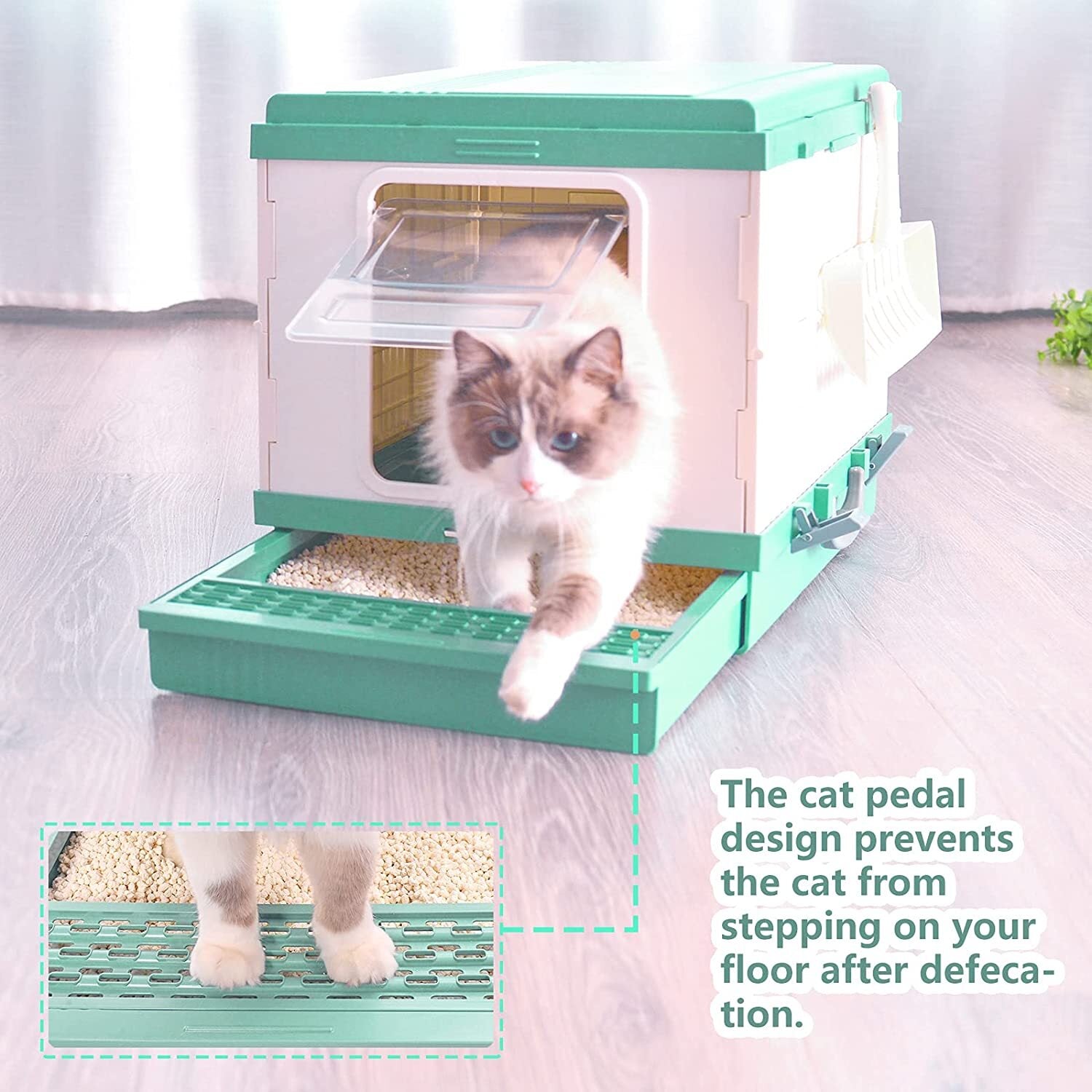 XL Foldable Hooded Cat Litter Box Tray with Scoop - Green YES4PETS