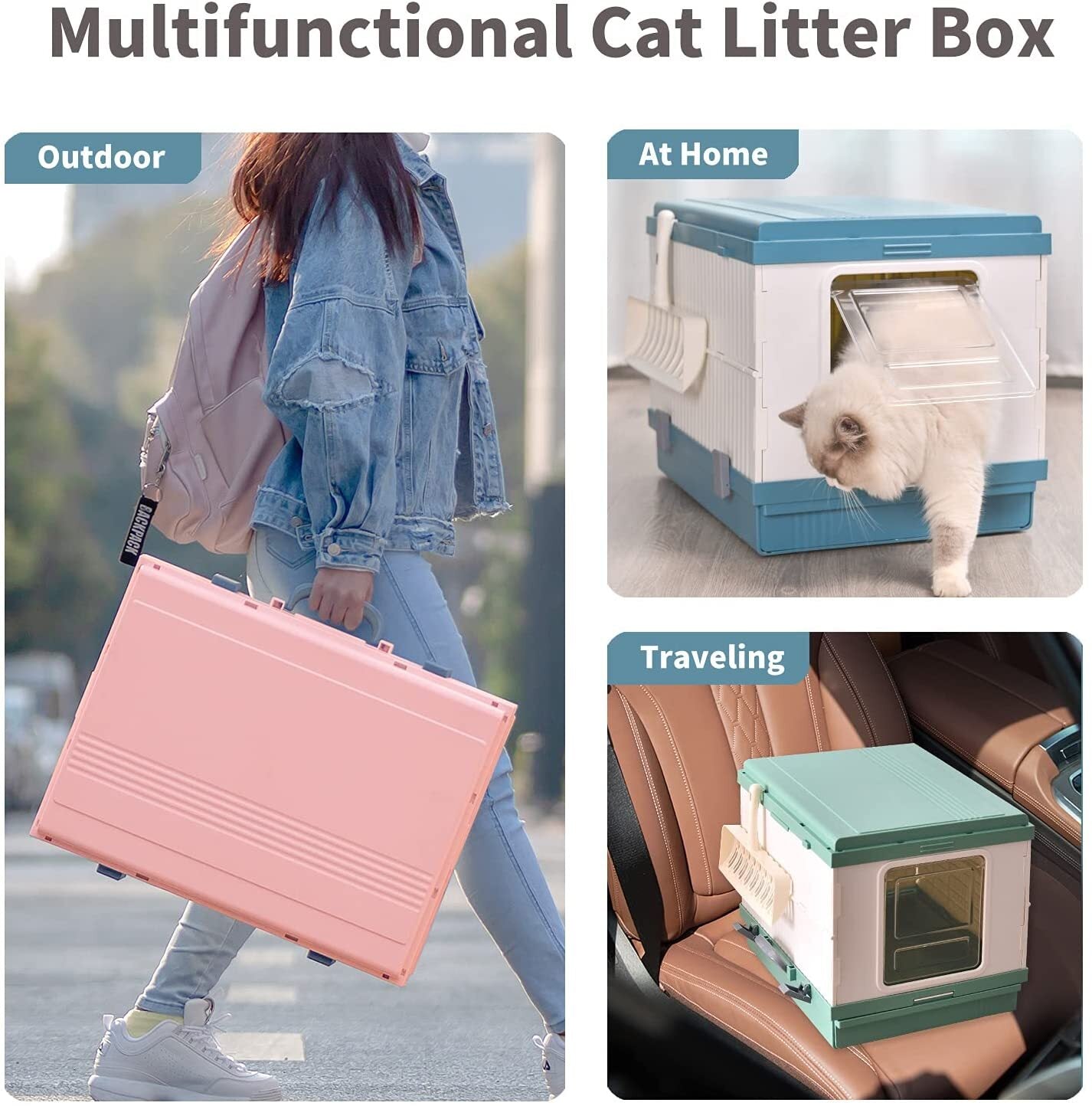 XL Foldable Hooded Cat Litter Box Tray with Scoop - Green YES4PETS