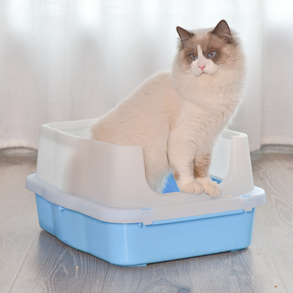 Large Deep Cat Litter Tray, High Walls & Scoop, Blue