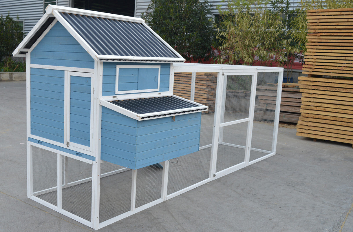 Blue XXL Wooden Chicken Coop Hutch with Nesting Box, 371cm