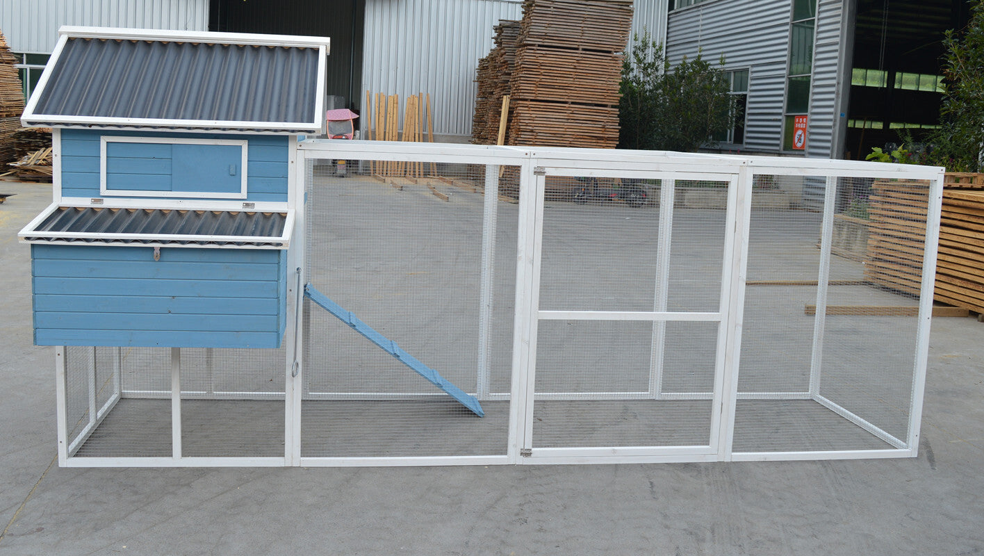 Blue XXL Wooden Chicken Coop Hutch with Nesting Box, 371cm