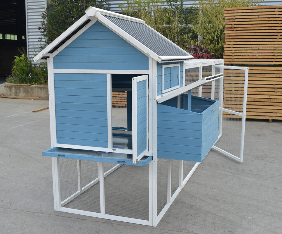 Blue XXL Wooden Chicken Coop Hutch with Nesting Box, 371cm