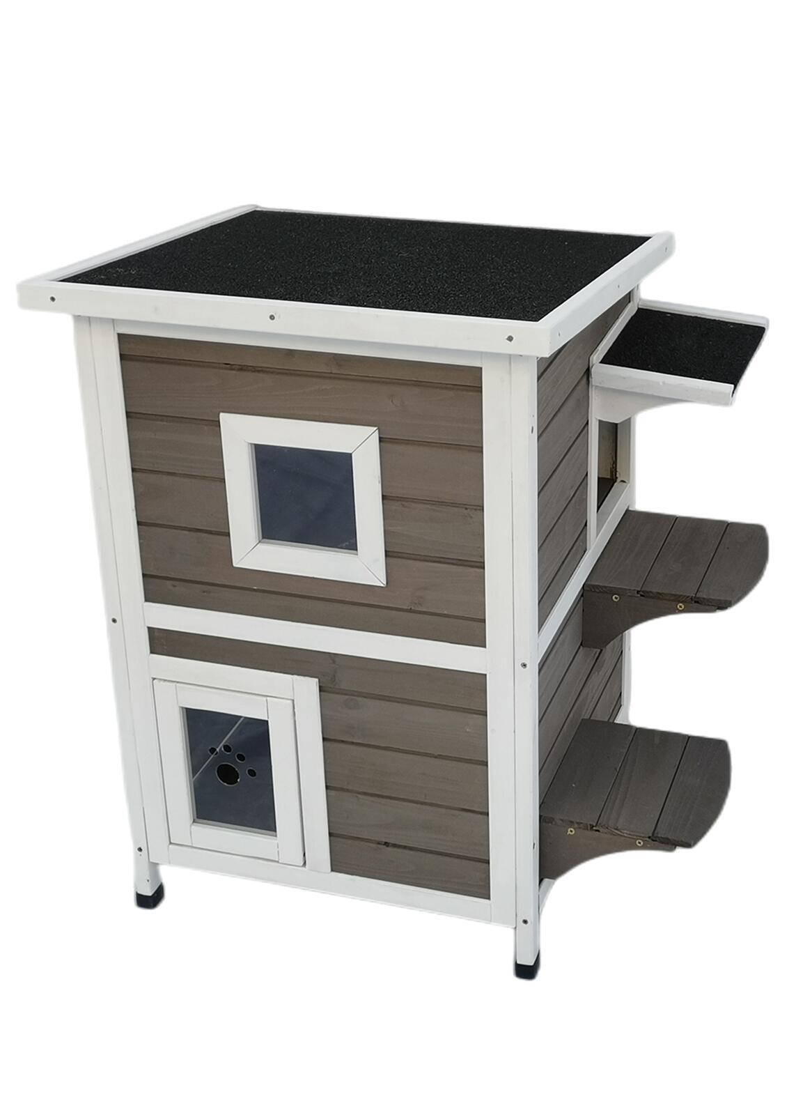 Waterproof Fir Wood 2-Story Cat Shelter with Escape Door