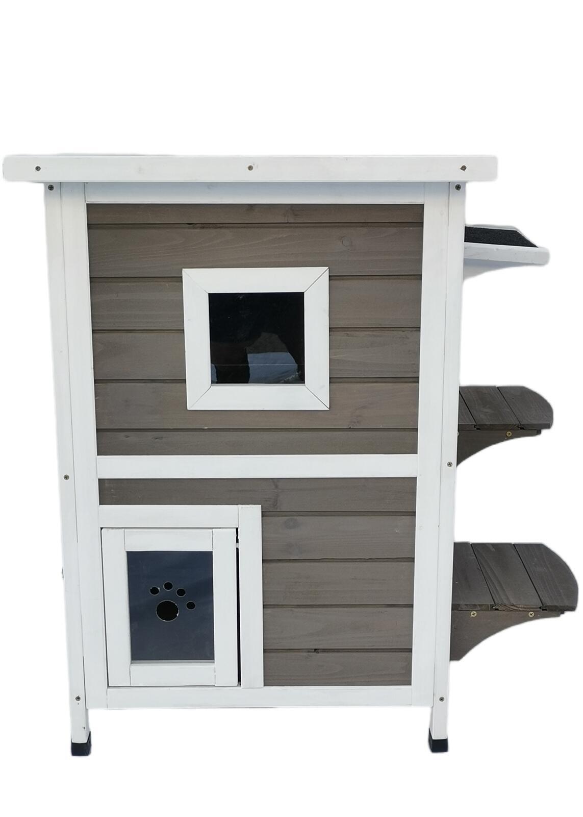 Waterproof Fir Wood 2-Story Cat Shelter with Escape Door