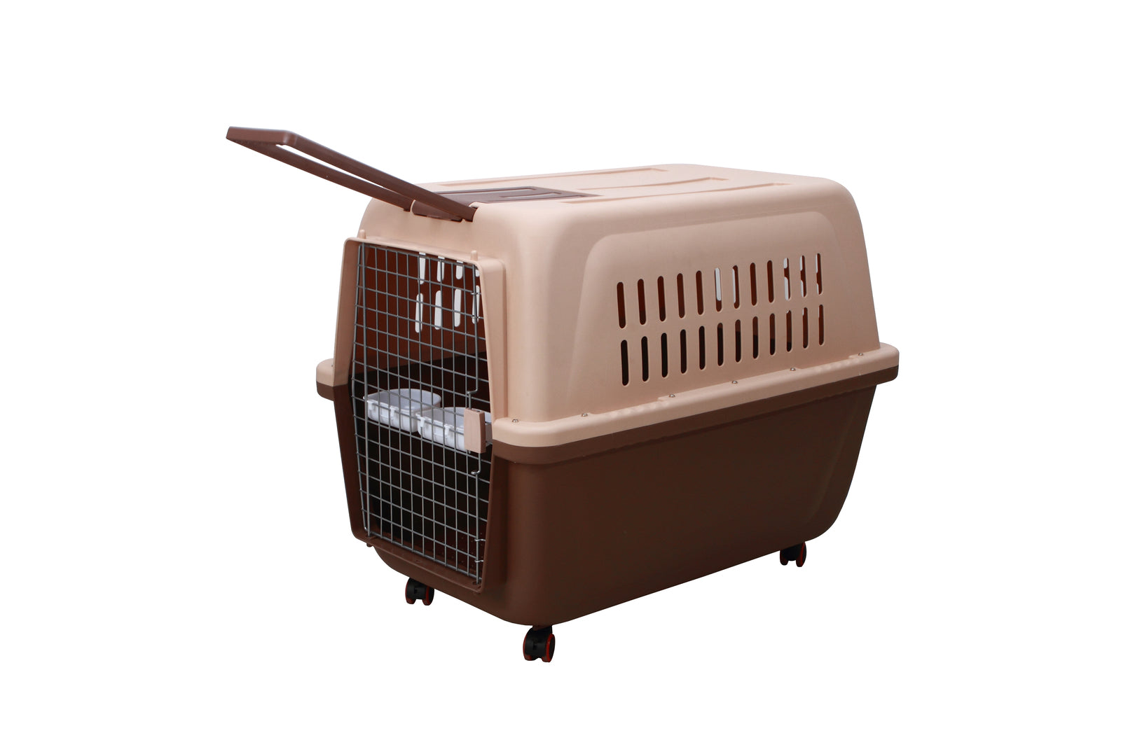 Sturdy XL Plastic Pet Kennel, Removable Wheels, Brown - YES4PETS