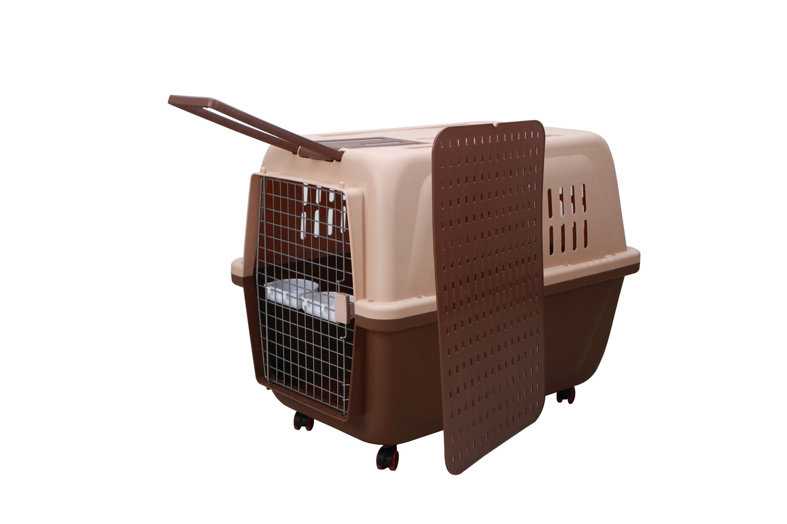 Sturdy XL Plastic Pet Kennel, Removable Wheels, Brown - YES4PETS