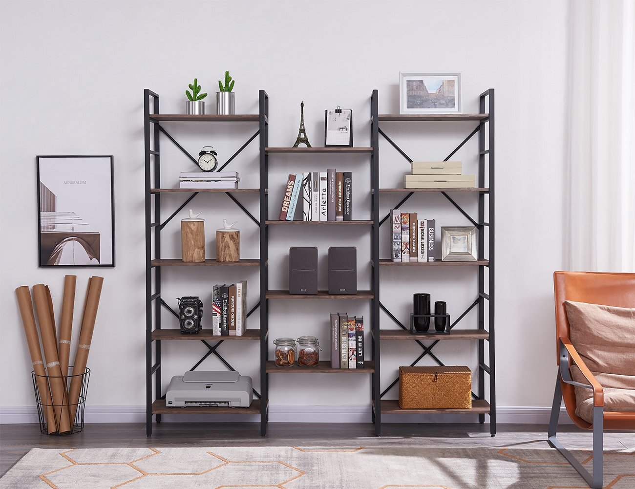 Adjustable Industrial Wood Bookcase with 14 Shelves – YES4HOMES