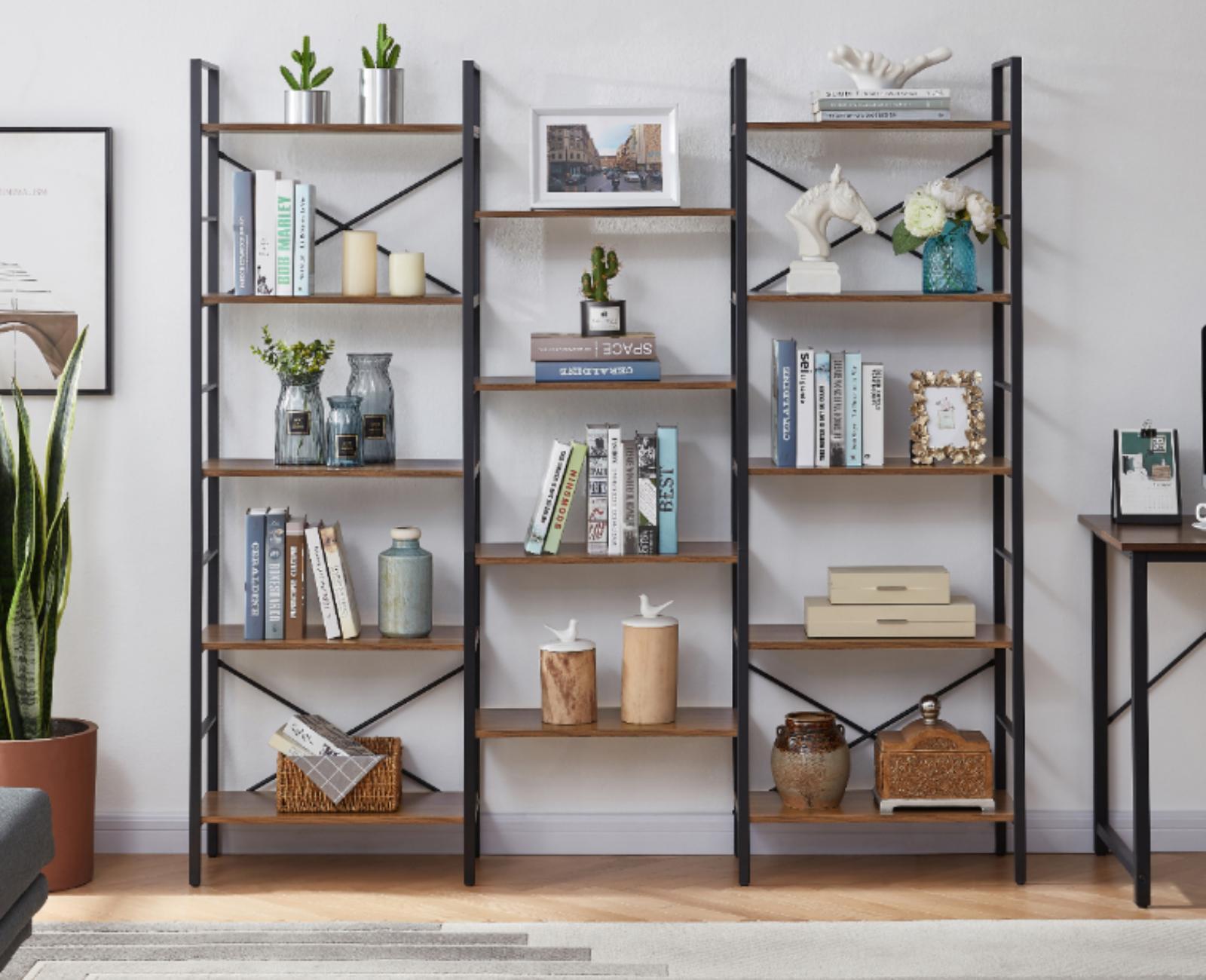 14-Shelf Adjustable Wood & Metal Industrial Vintage Bookcase