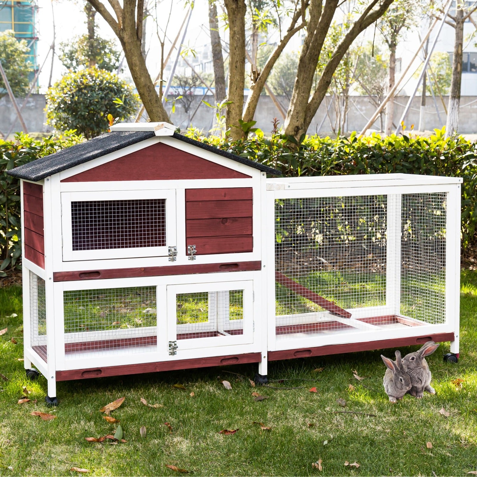 Waterproof Double Storey Rabbit Hutch with Wheels and Tray