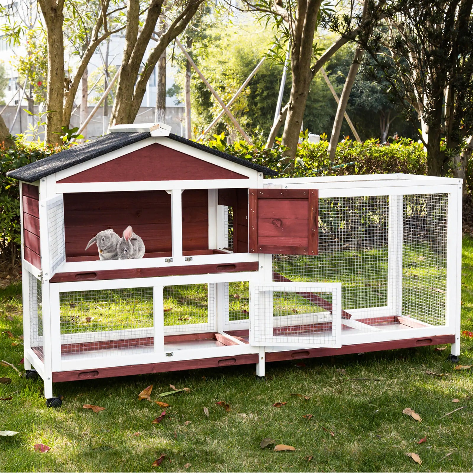 Waterproof Double Storey Rabbit Hutch with Wheels and Tray