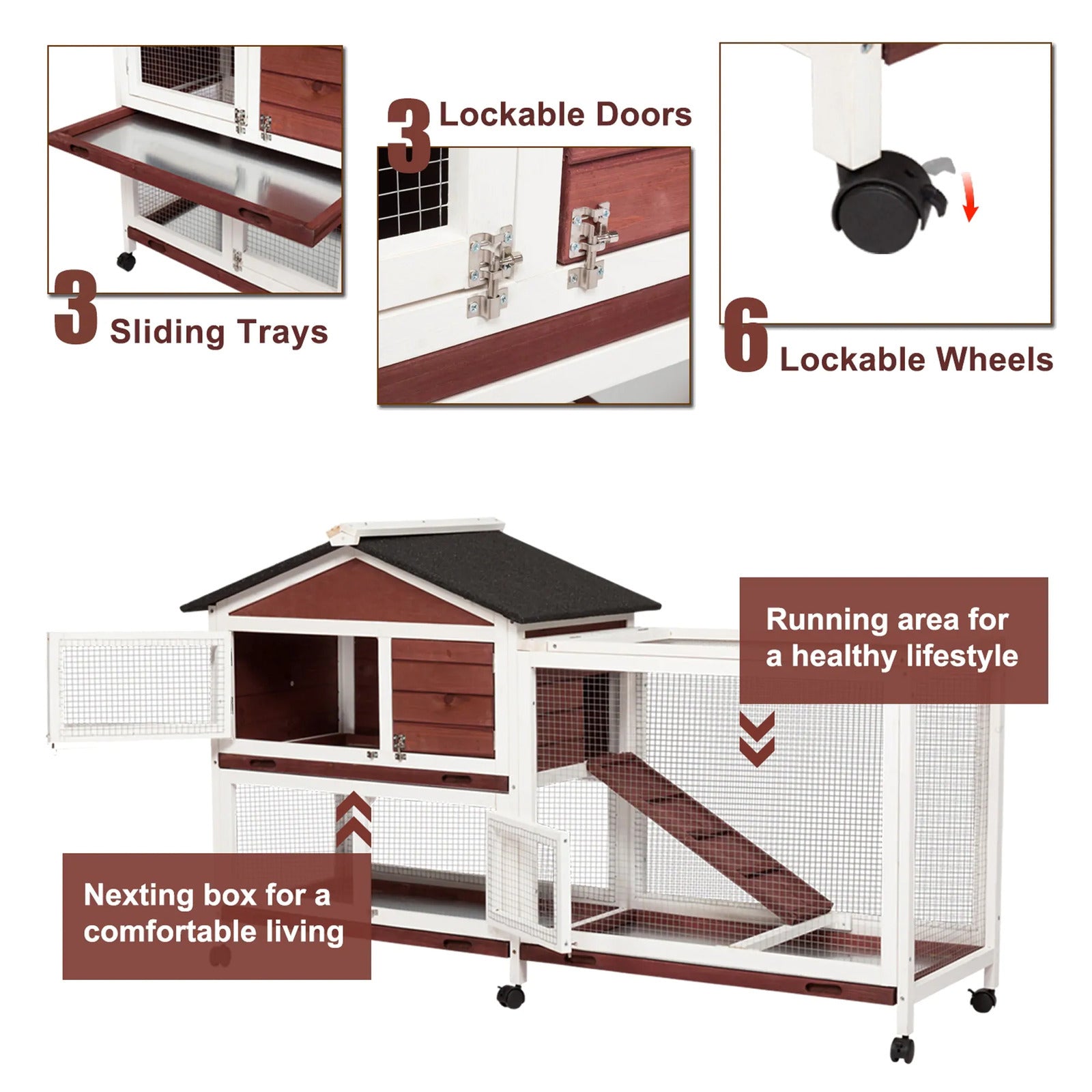 Waterproof Double Storey Rabbit Hutch with Wheels and Tray