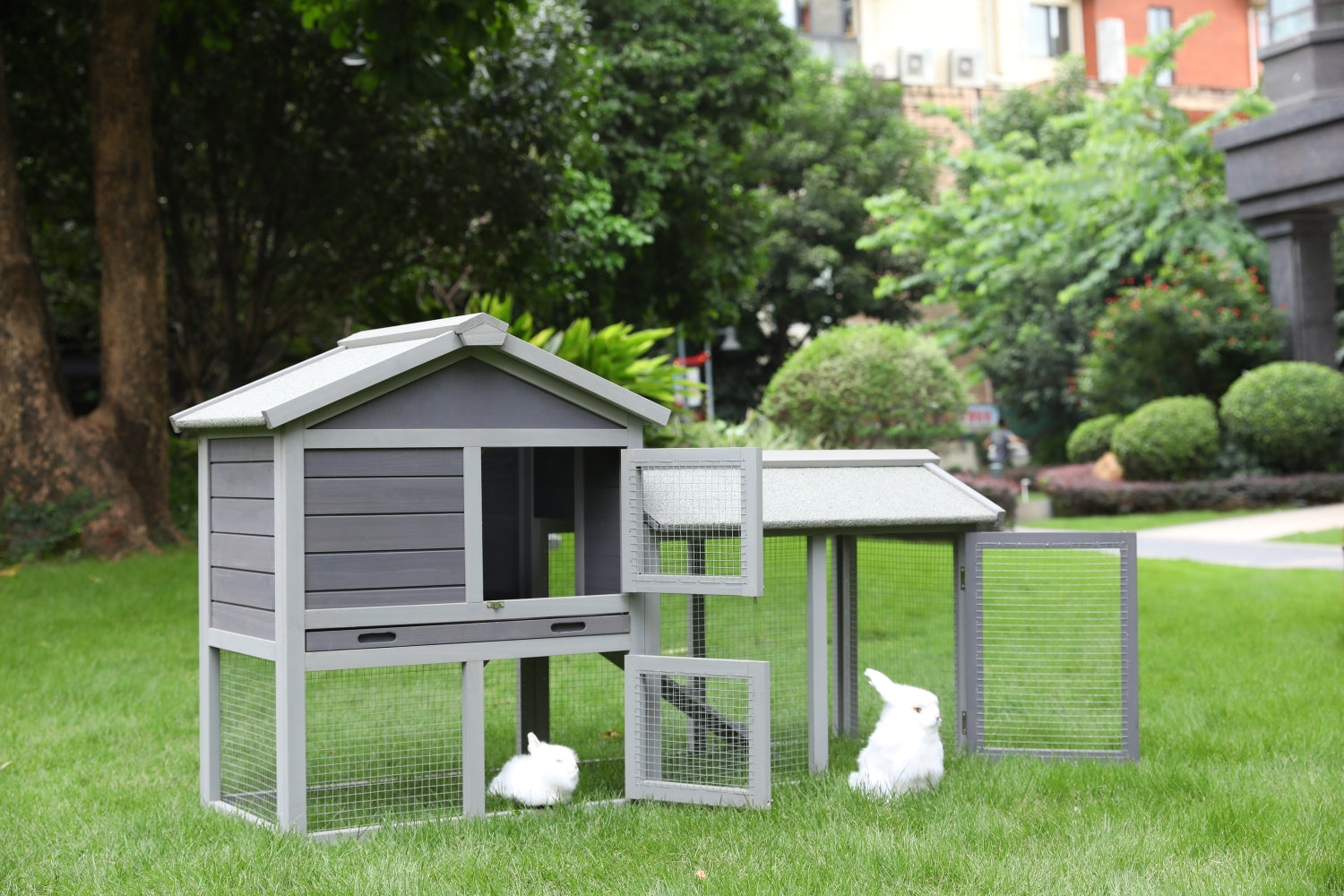 148cm Double Story Wooden Rabbit Hutch & Cage with Metal Run