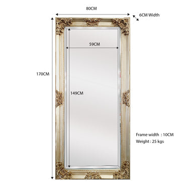 Ornate French Provincial Wall Mirror, 90x170cm, Champagne