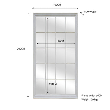 White Wood Windowpane Mirror - 100cm x 200cm Rectangle