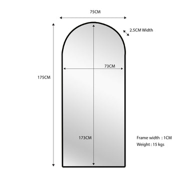 Black Metal Arch Mirror 75x175cm - High-Quality Modern Design