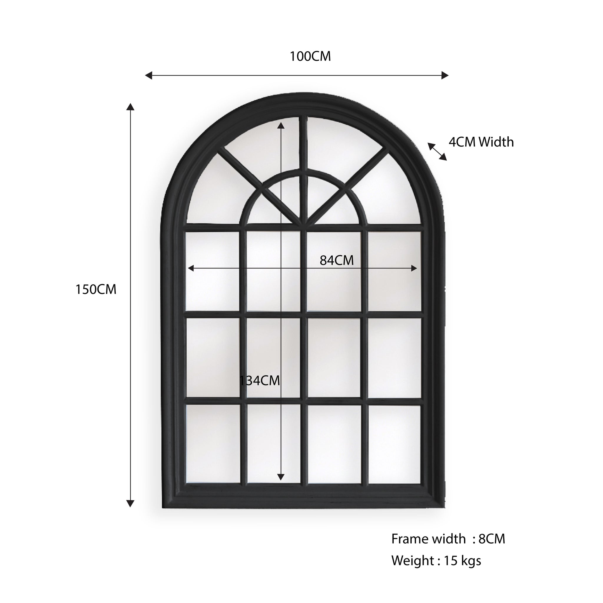 Matte Black Arch Window Style Wall Mirror - 100x150cm