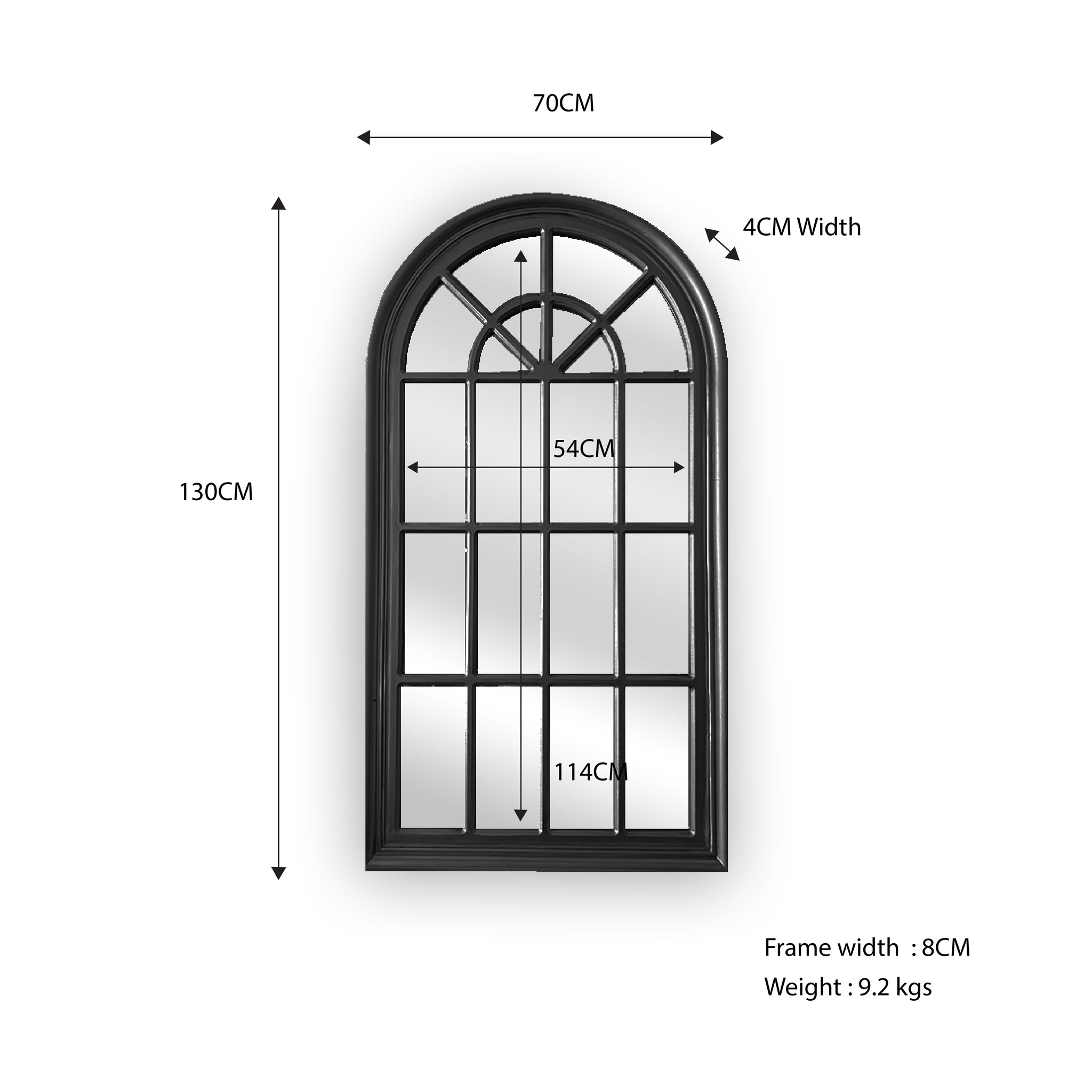 Matte Black Arch Window Style Mirror 100cm x 180cm